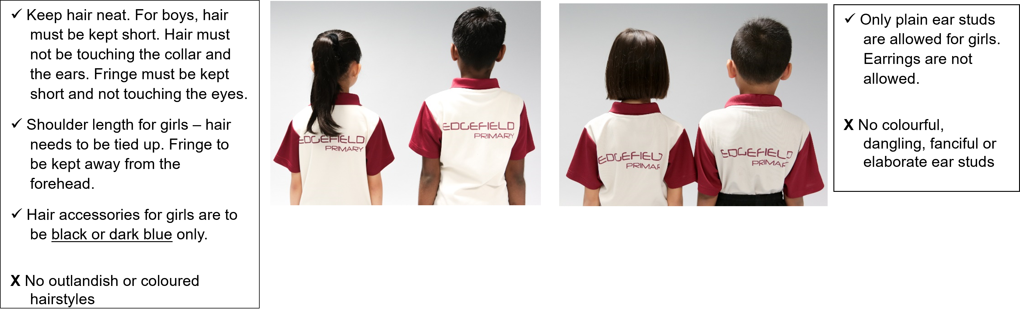 Edgefield Primary school hair rules showing four students from behind with acceptable and non-acceptable hairstyles.